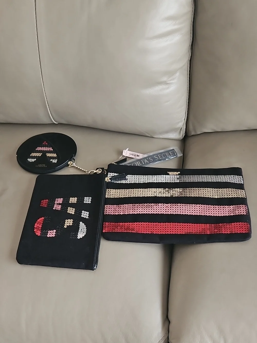 NWT 3 Victoria's Secret Black Sequin Stripe Pouch (Trio)